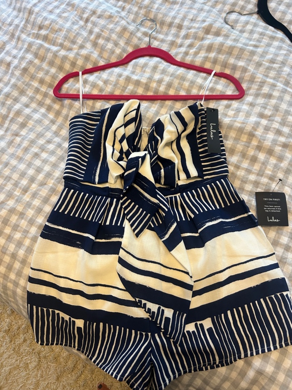 Lulu's Navy & White Strapless Tie-Front Romper